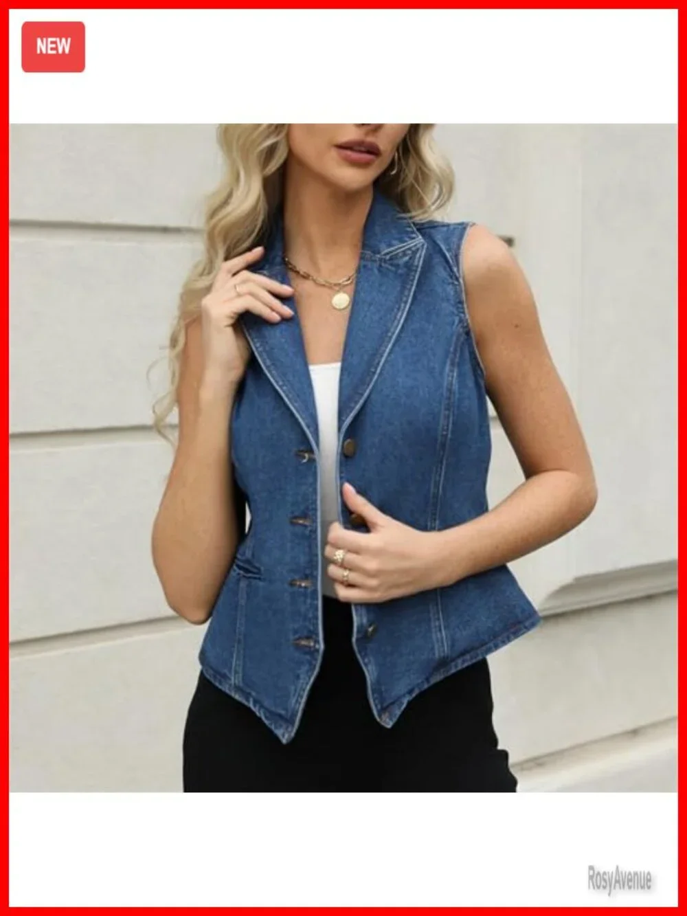 Sleeveless Denim Vest with V-Neck and Button Closure
